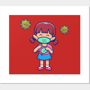 Cute Girl Hold And Wear Mask Cartoon Posters and Art